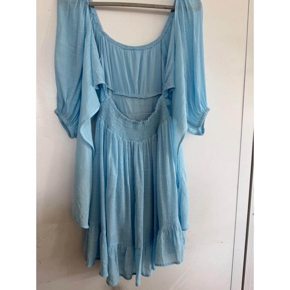 Sky Blue Open Back Tie Back Mini Dress with Balloon Sleeves and Ruffle Hem